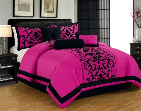 11pc Modern Black Pink Flourish Print Comforter Set Queen W Free Sheet