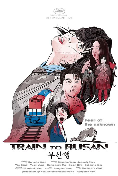 the poster for train to busan is shown in red and blue, with two people ...