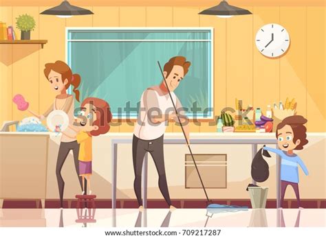 Kids Helping Parents Cleaning Kitchen Retro Stock Vector (Royalty Free ...