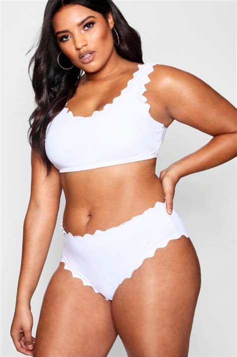 Boohoo Plus Scallop High Leg Bikini Tracee Ellis Ross White Scalloped