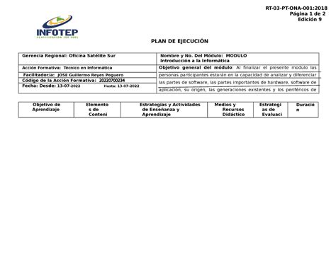 Plan De Ejecucion Para Presentar Eliezer Plan De Ejecuci N Rt Pt