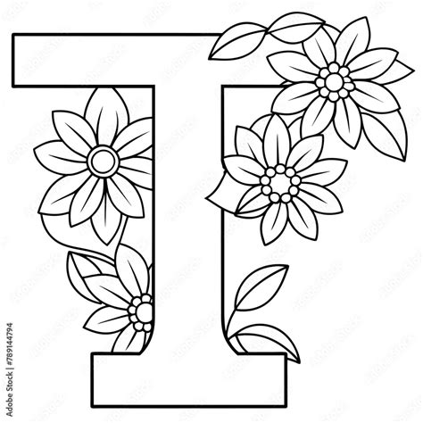 Alphabet T Coloring Page With The Flower T Letter Digital Outline