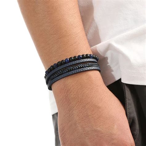 Bracelet manchette homme cuir noir 4 rangs cuir véritable cuir plat