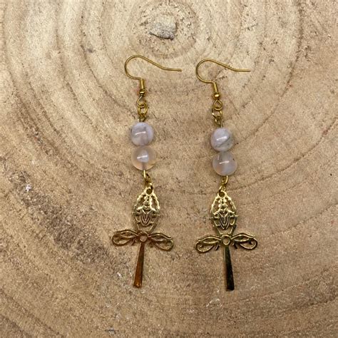 Boucles D Oreilles Agate Fleur De Cerisier Croix De Ankh Acier