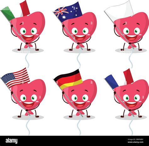 Red Love Baloon Cartoon Character Bring The Flags Of Various Countries