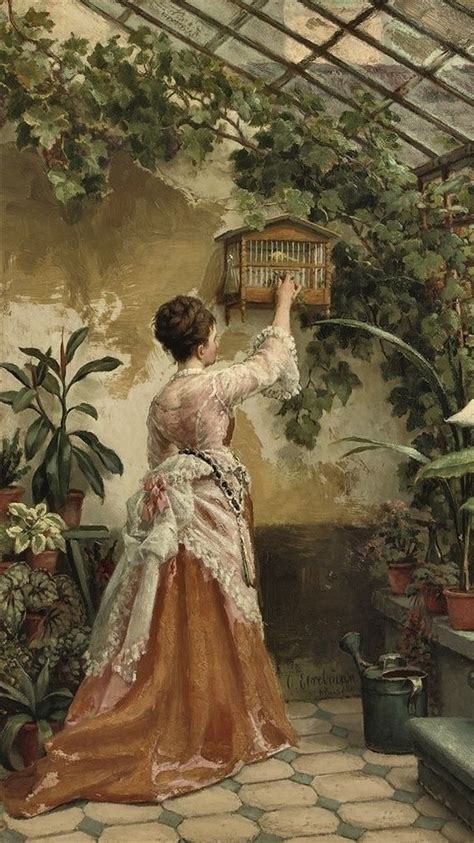 A Painting Of A Woman Holding A Bird Cage In Her Hand While Standing