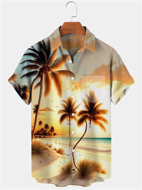 Hawaiian Sunset Coconut Palm Mens Shirts With Pocket Adaychic