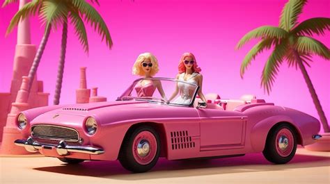 Premium Ai Image Barbies In A Pink Convertible Car With Palm Trees In