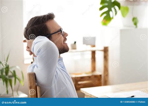 Calm Male Employee Relax In Chair With Eyes Closed Stock Image Image