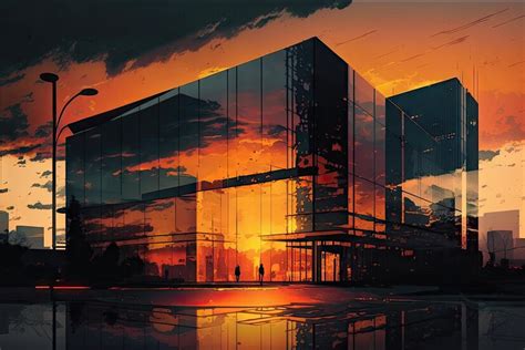 Premium Ai Image Glass Building At Sunset With Warm Colors And Silhouettes Of The Buildings In