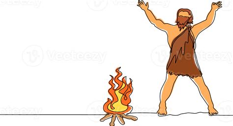 Single Continuous Line Drawing Prehistoric Man Standing Around Bonfire