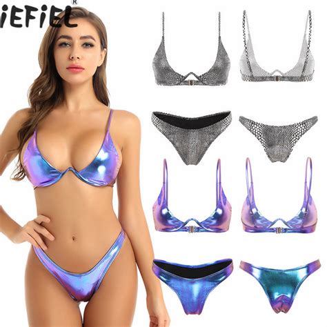 Womens Shiny Metallic Bikini Padded Underwire Brathong Swimsuit