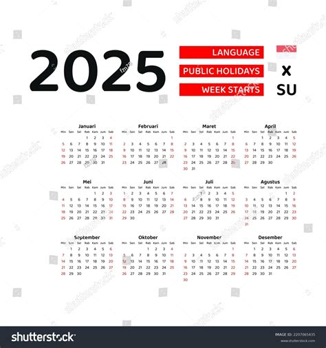 Indonesia Calendar 2025 Week Starts Sunday: เวกเตอร์สต็อก (ปลอดค่า