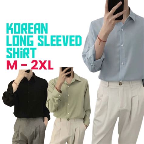 Korea New Mint Green Shirt Men Korean Style Long Sleeved Kemeja Lelaki