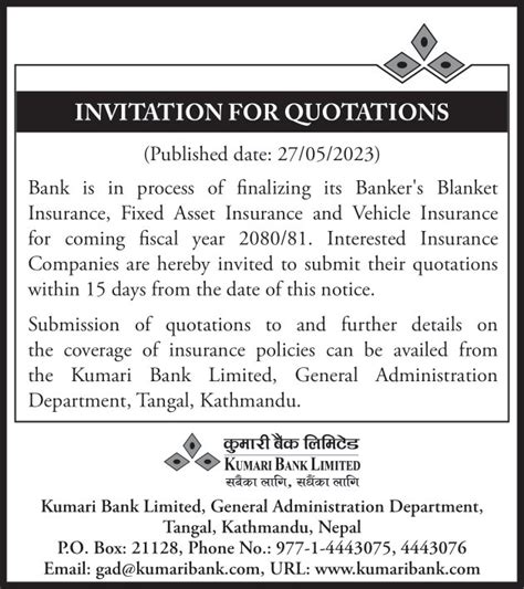 Invitation For Quotations Kumari Bank Limited