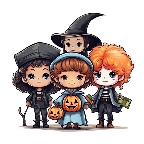 Little Group Of Kids With Halloween Costumes Characters In House ...