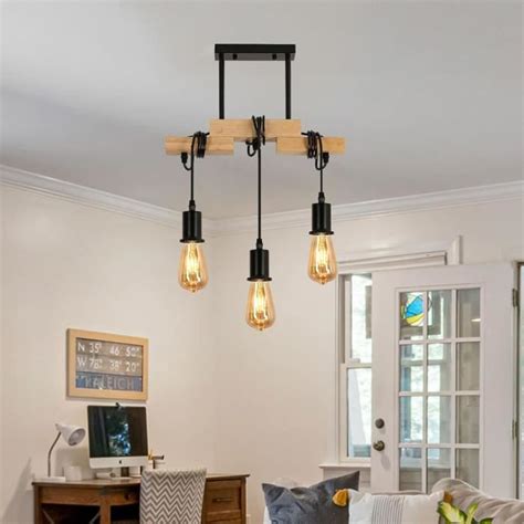 Lustre Industriel Suspension E27 en Bois Métal pour Salle à manger