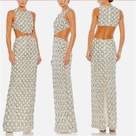 Mac Duggal Dresses Mac Duggal 909 Embellished High Neck Cutout Nude