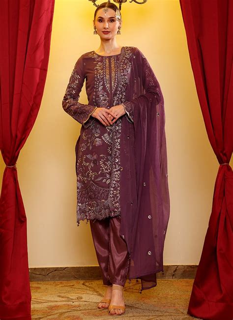 Buy Lavender Faux Georgette Stones Embroidered Pakistani Suit Party