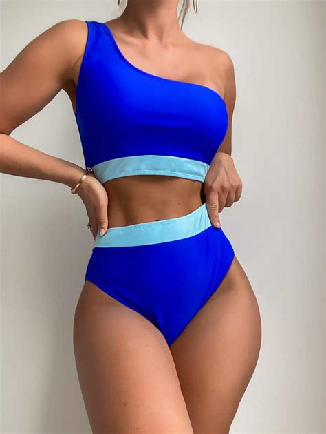 Shein Swim Sprty Neon Blue Bikini Set Contrast Trim One Shoulder