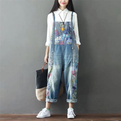 Mulheres Vintage Impresso Flor Casual Solto Jumsuits Denim Cal As