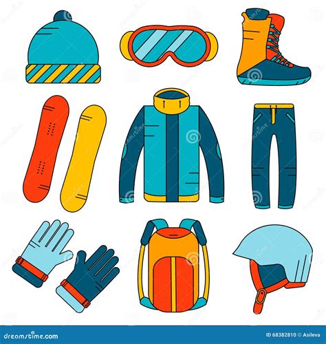 Vector Linear Snowboard Equipment Colored Icons Set Winter Sport