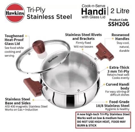 Hawkins 2 Litre Cook N Serve Handi Triply Stainless Steel Handi With