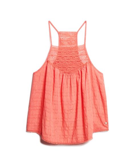 Womens Lace Cami Beach Top In Blush Coral Superdry Uk