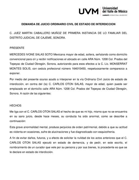 Demanda Interdiccion Mental DEMANDA DE JUICIO ORDINARIO CIVIL DE