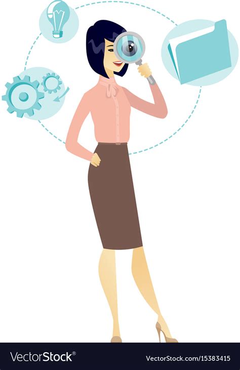 Asian Business Woman With Magnifying Glass Vector Image