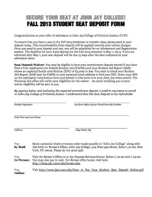 Fillable Online Jjay Cuny Student Seat Deposit Form John Jay College