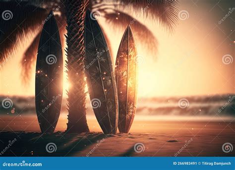 Surfboard And Palm Tree On Tropical Beach Generative Ai Stock