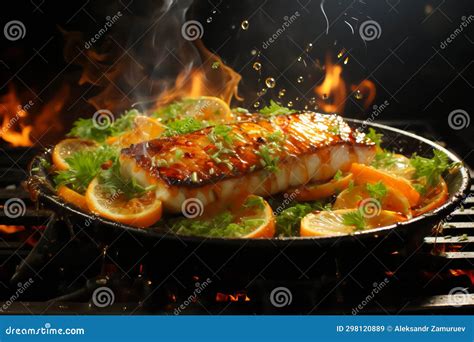 Barbecue Grill with Fillet Fish in Flame. Cooking Concept Stock Image - Image of panfried, flame ...