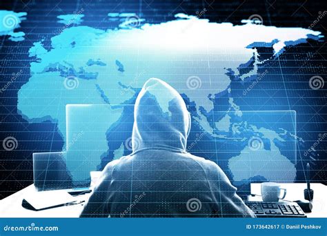 Hacker Using Computer With Creative Glowing World Map Stock Image