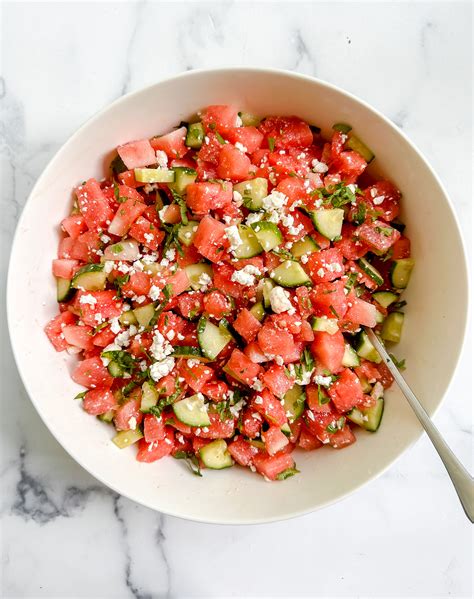 Watermelon Salad With Cucumber Feta And Honey Lime Dressing