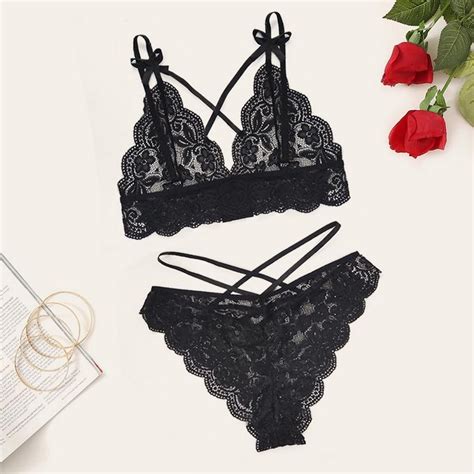 Cheap Transparent Lingerie Set Women Lace Bowknot Push Up Bra And Panty