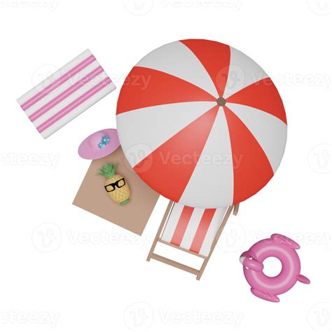 Summer Beach Top View With Beach Chair Hat Inflatable Flamingo Rubber Raft Summer Travel