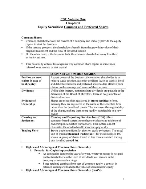 CSC Volume 1 Ch 8 Prof Notes CSC Volume One Chapter 8 Equity