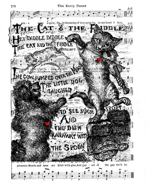 Items similar to Hey Diddle Diddle - Cat and the Fiddle -1882 Illustration -1909 Heart Song ...