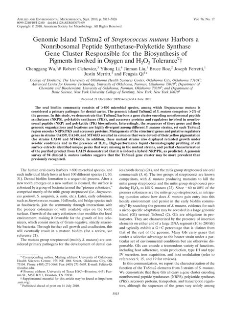 Pdf Genomic Island Tnsmu2 Of Streptococcus Mutans Harbors A