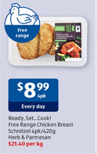 Ready Setcook Free Range Chicken Breast Schnitzel 4pk420g Herb And Parmesan Offer At Aldi