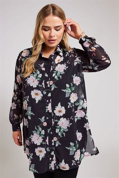 Yours London Plus Size Black Floral Mesh Longline Shirt Yours Clothing