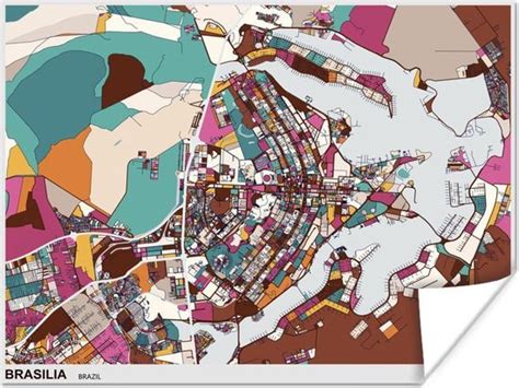 Poster Tekening Van Een Kleurrijke Kaart Van Brasilia 80x60 Cm Bol