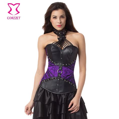 Purple Brocade And Black Leather Strappy Halter Top Bustier Sexy