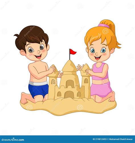 Cartoon Boy And Girl Making Sand Castles On A Beach Stock Vector