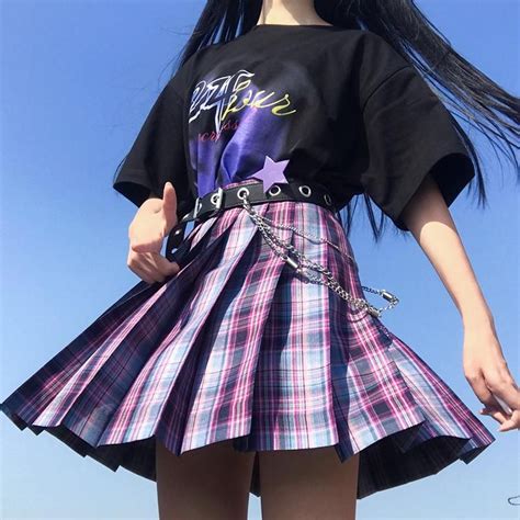 JK DARK PURPLE GRID PLEATED SKIRT TIE N073015 Purple Skirt Outfit