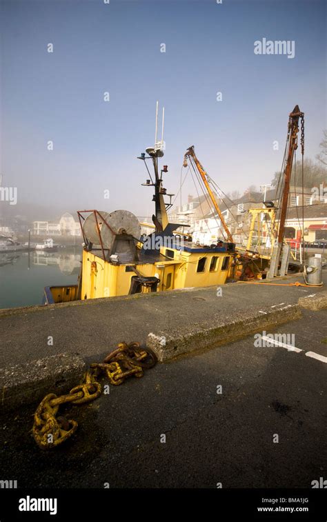 Padstow Cornwall Uk Harbor Harbour Quay Marina Mist Fishing Boats Stock