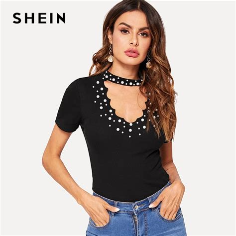 Aliexpress Buy Shein Black Pearl Beading Choker Neck Cut Out Rib