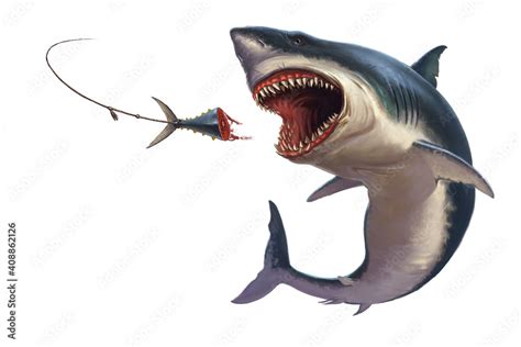 Great white shark attack bait tuna tail illustration isolate realism. A ...