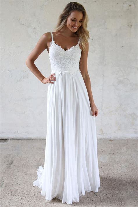 Elegant A Line V Neck Open Back White Lace Beach Wedding Dresses Simple